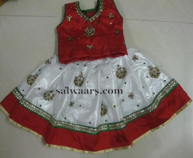 White and Red kundan Kids Lehenga