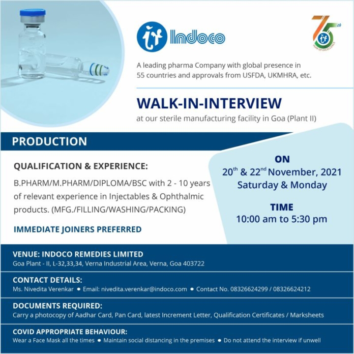 Job Availables,Indoco Walk-In-Interview For B.Pharm/ M.Pharm/ Diploma/ BSc