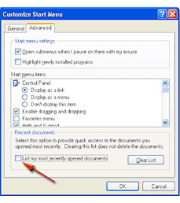 disable recent document windows xp