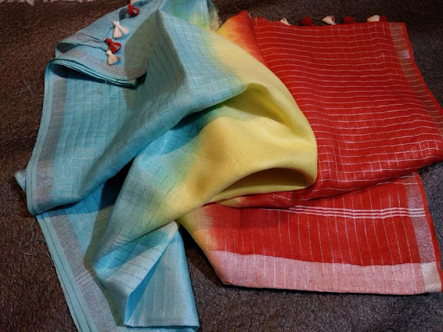 Tri color check linen sarees