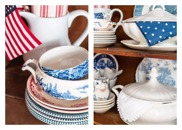 stacks of red, white and blue vintage ironstone and transferware