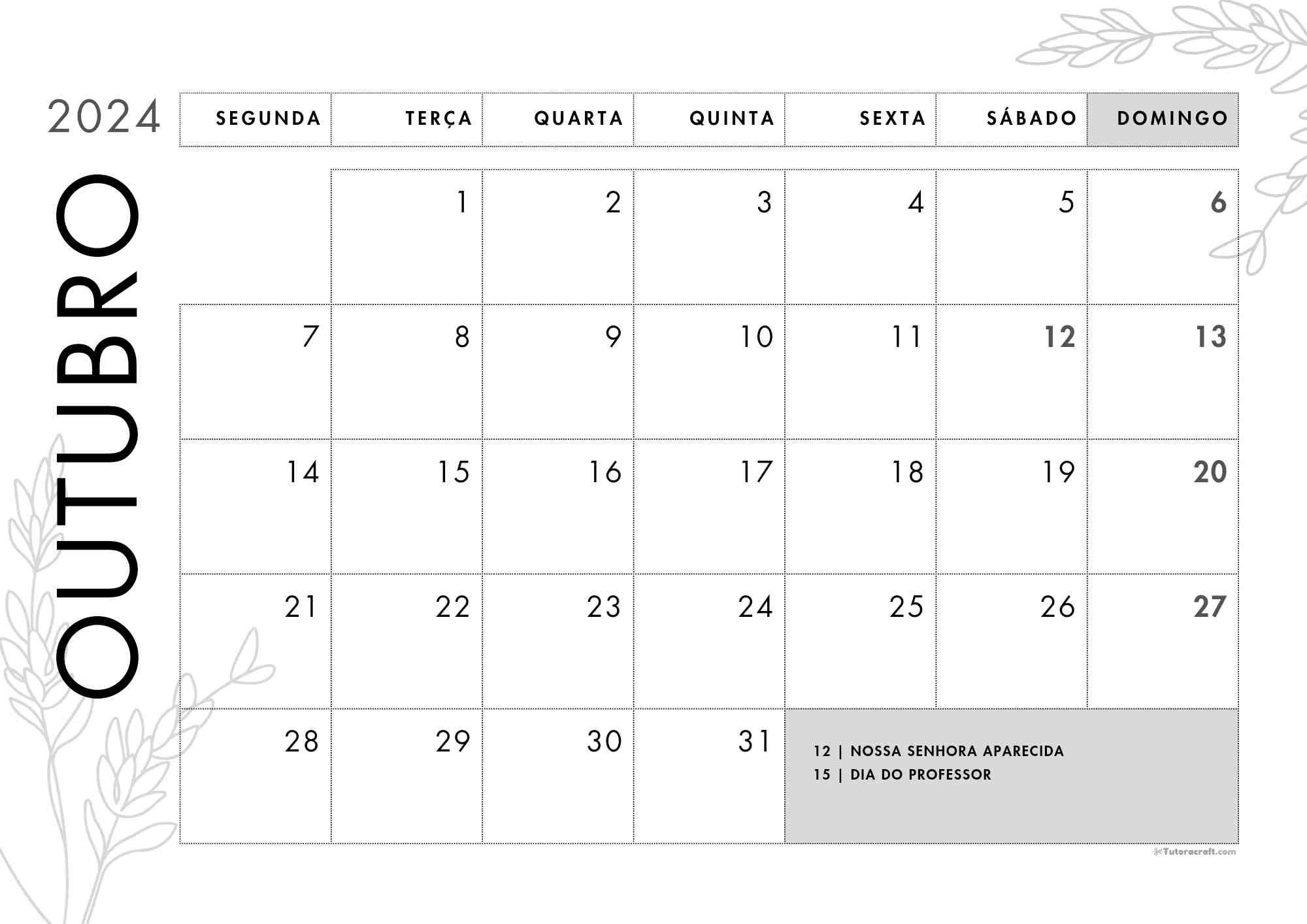 Calendário mensal Outubro 2024 para imprimir