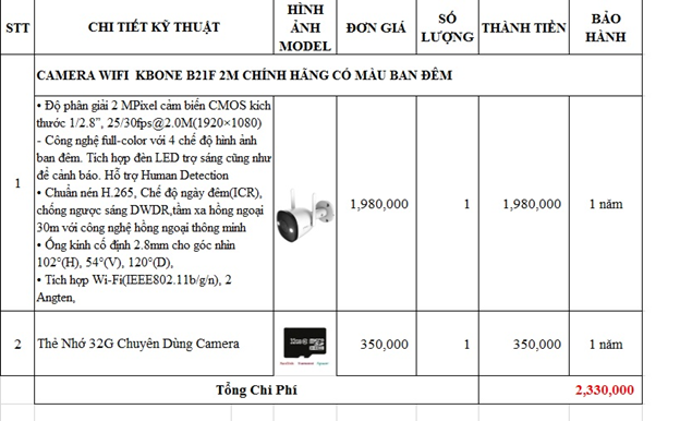 Bảng giá lắp đặt camera wifi KBONE B21F tại Quận 12