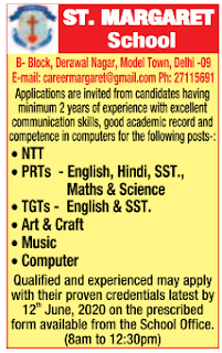 Delhi, St.Margaret School PRT, TGT Teacher Recruitment 2020