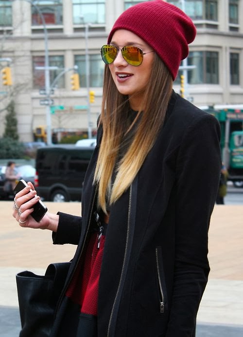 Black Coat With Red Beanie