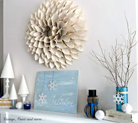 Vintage, Paint and more... winter mantel done with book page crafts, diy cone trees and painted canvas