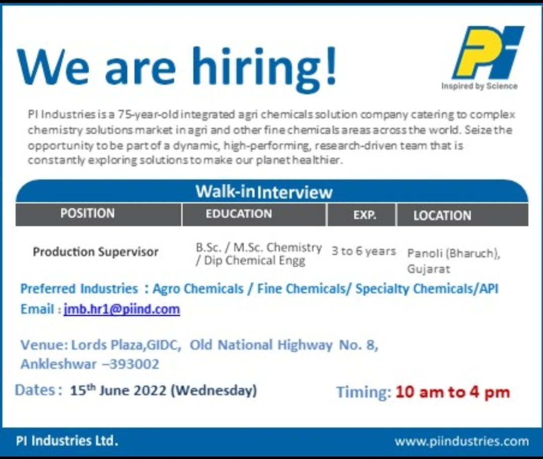 Job Available's for PI Industries Ltd Walk-In Interview for BSc/ MSc Chemistry/ Diploma Chemical Engineering