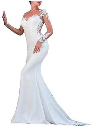 Illusion Long Sleeves Corset Satin Lace Bridal Gowns - Train Mermaid Wedding