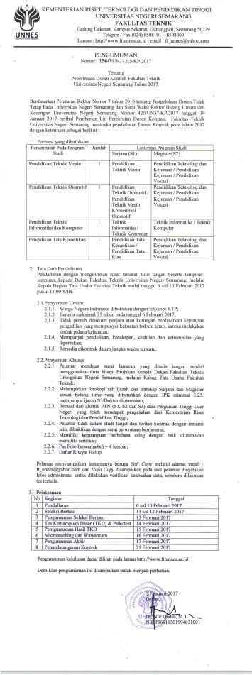 Lowongan Dosen Kontrak Universitas Negeri Semarang (Unnes 