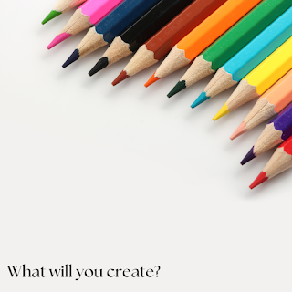 colored pencils sit on a blank page above the words: What will you create?