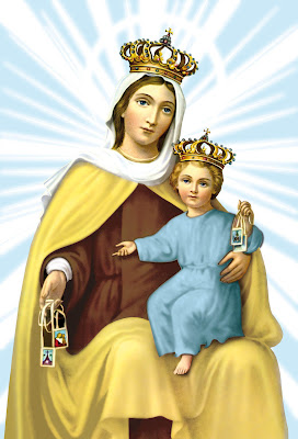 La Virgen del Carmen con el Niño sentado en su regazo. Ambos muestran su escapulario.