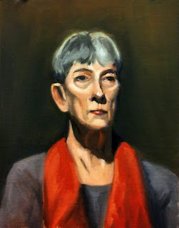 Oil painting of a woman with grey hair wearing a red scarf.