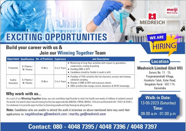 Medreich Limited | Walk-in interview for Production & Quality Assurance on 13th May 2023