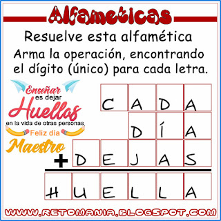 Alfamética, Criptoaritmética, Criptosuma, Día del profesor, Día del maestro, Juego de palabras, Juego de letras, Acertijos matemáticos, Desafíos matemáticos, Problemas matemáticos