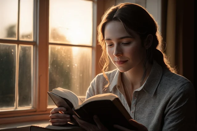 a woman reading a book in front of a window, bible reading, morning verses to start the day