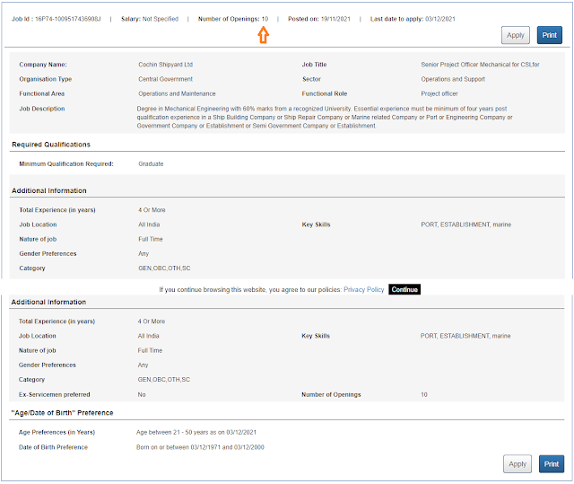 Preview of NCS Cochin Shipyard Limited Jobs Notification