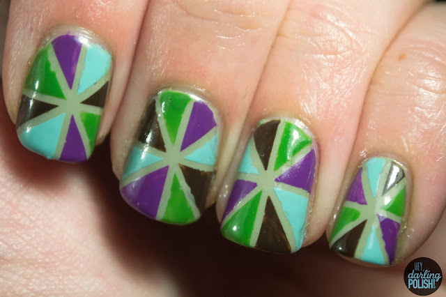 nails, nail art, striping tape, triangles, shapes, green, china glaze for audrey, purple, brown, hey darling polish