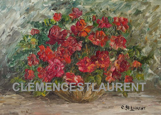Vermilion roses in a vase, 5 x 7 oil painting by Clemence St. Laurent