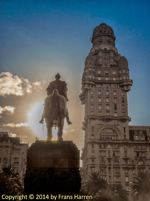 Sunrise view of Artigas statue and Palacio Salvo, Montevideo