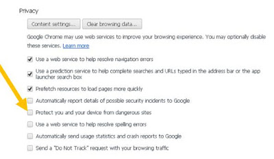 Cara menghilangkan peringatan  the site ahead contains harmful programs pada Blog dan browser Setting Privacy Chrome