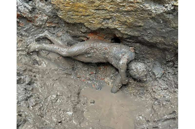 A statue is seen at the site of the discovery of twenty-four well-preserved bronze statues from an ancient Tuscan thermal spring in San Casciano dei Bagni, central Italy, in this undated photo released by the Italian Ministry of Culture on November 3, 2022. Credit: Italian Ministry of Culture via AP