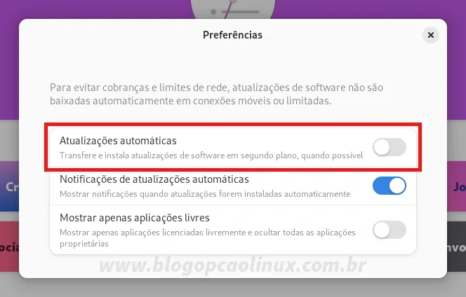 Desabilitando as atualizações automáticas no GNOME Software