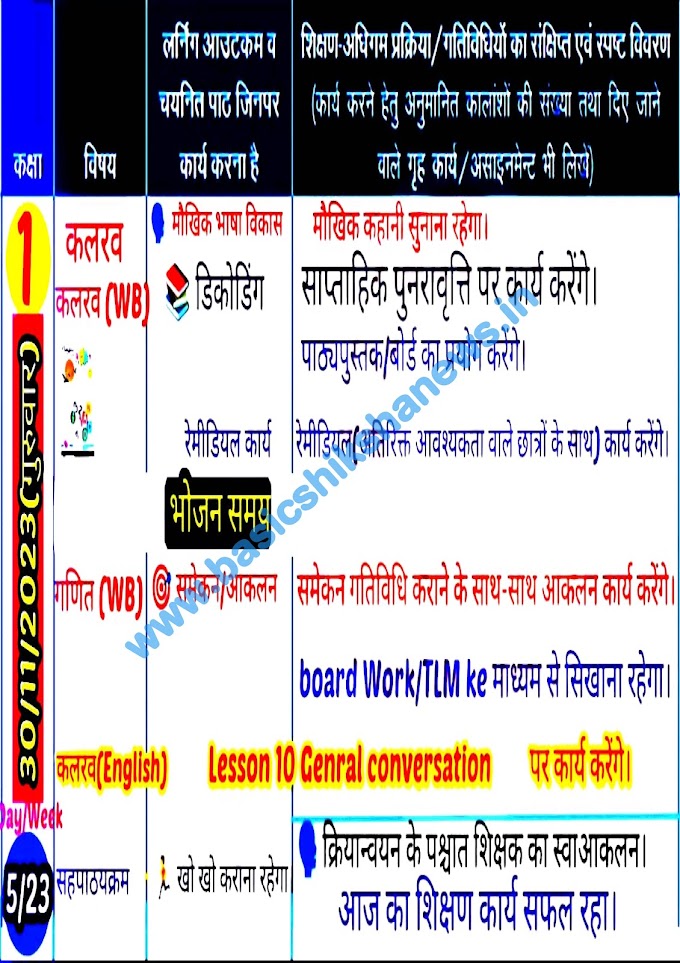 दिनांक 30 नवम्बर, 2023 कक्षा- 01, 02, 03, 04, 05 की भरी हुई शिक्षक डायरी देखने के लिए यहां क्लिक करें।