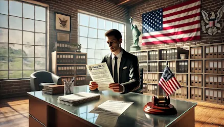 изображение иммиграционного офиса США с заявителем, подающим Motion to Reopen или Motion to Reconsider, на фоне американского флага и юридических книг