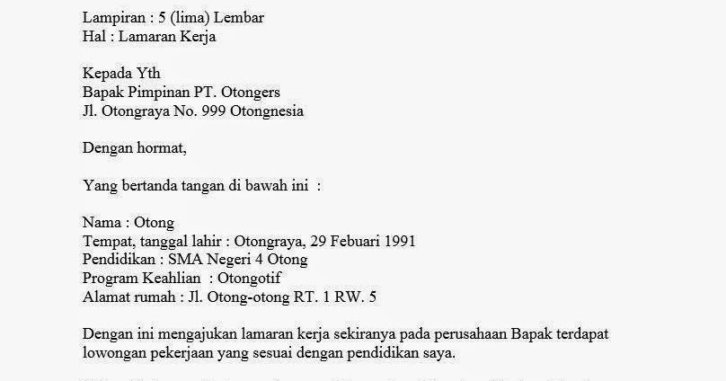 Contoh Surat Lamaran Kerja Yang Menarik dan Sopan