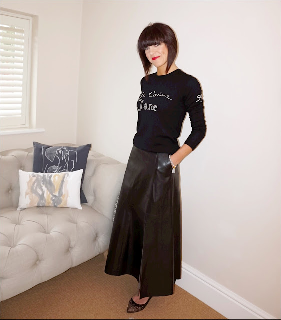 My Midlife Fashion, Boden studded point flat, marks and spencer faux leather midi skirt, bella freud je taiime jane jumper