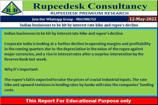 Indian businesses to be hit by interest rate hike and rupee’s decline - Rupeedesk Reports - 12.05.2022