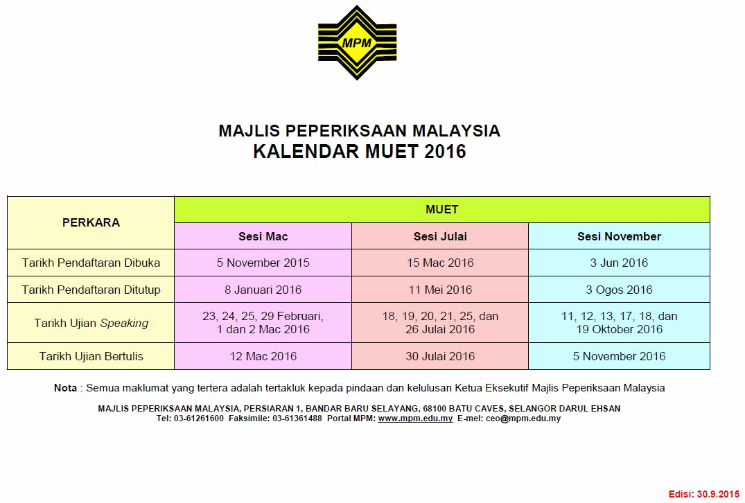 Tarikh Pendaftaran Dan Peperiksaan Muet 2016