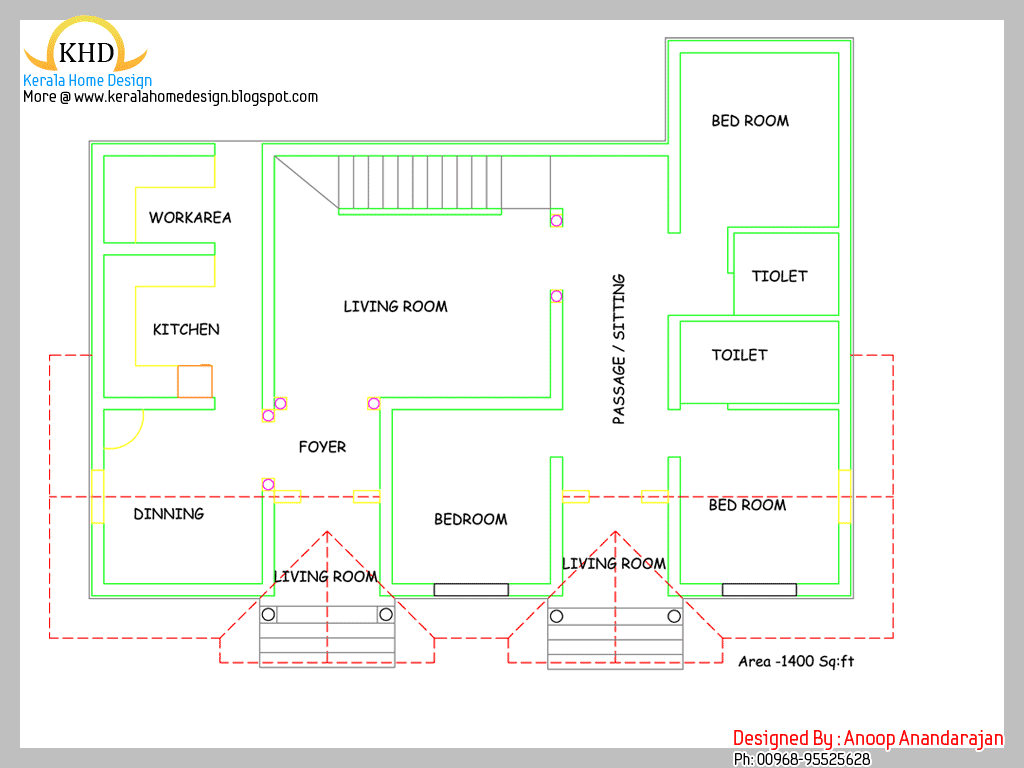 Single Floor House Plan and Elevation 1400 Sq ft
