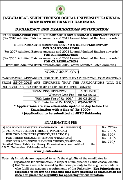 JnTu Kakinada  Bpharmacy 2-2 Regular, Supple Exam Fee Notification 2013