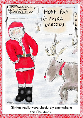 In this cartoon, even Santas's reindeer are on strike and are demanding more pay, and extra carrots.