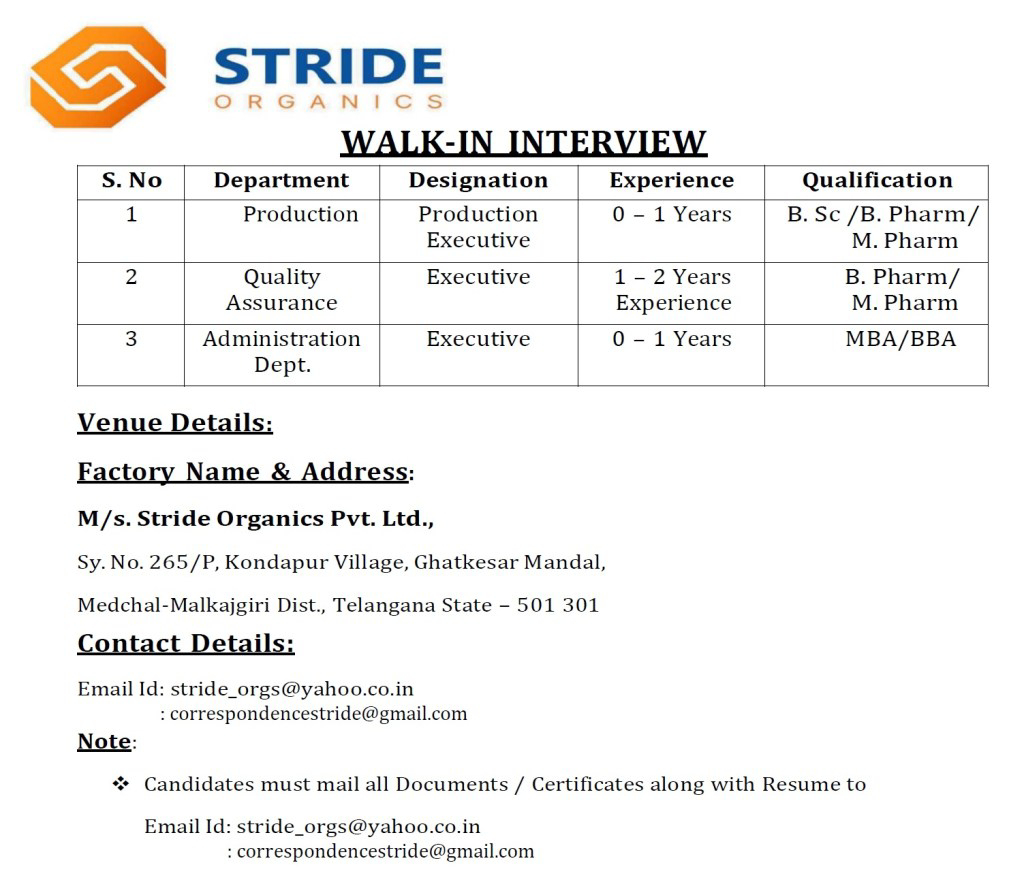 Job Availables for Stride Organics Pvt Ltd Walk-In Interview for Fresher's & Experienced in BSc/ B Pharm/ M Pharm/ MBA/ BBA