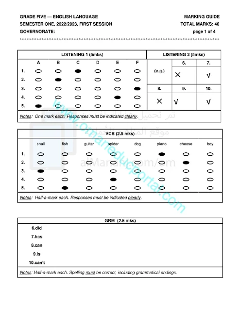 نموذج اجابة اختبار اللغة الانجليزية للصف الخامس الفصل الاول الدور الاول 2022-2023 محافظة الداخلية