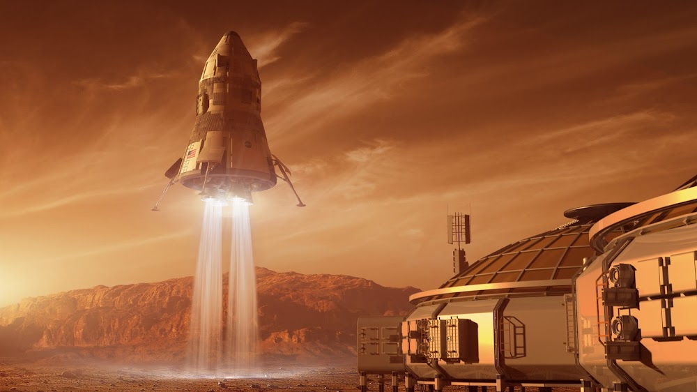 Mars base and MAV liftoff - concept art for The Martian by Steve Burg