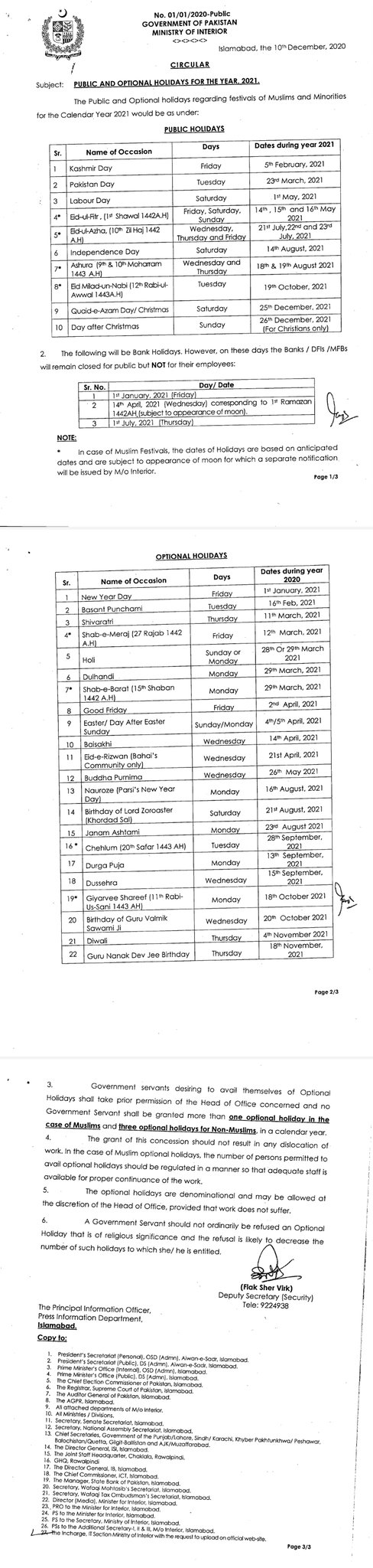 Government of Pakistan announced holidays for year 2021