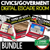 Civics & Government Activity Pages, Civics & Government Digital Escape Room, Civics & Government Test Prep, No Prep, Digital Substitute Plan