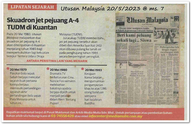 Lipatan sejarah 20 Mei - Keratan akhbar Utusan Malaysia 20 Mei 2023