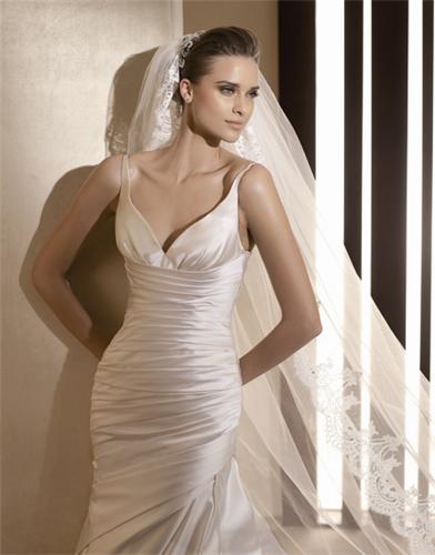 Geneve satin fitted gown with straps drape bodice and slim fishtail skirt