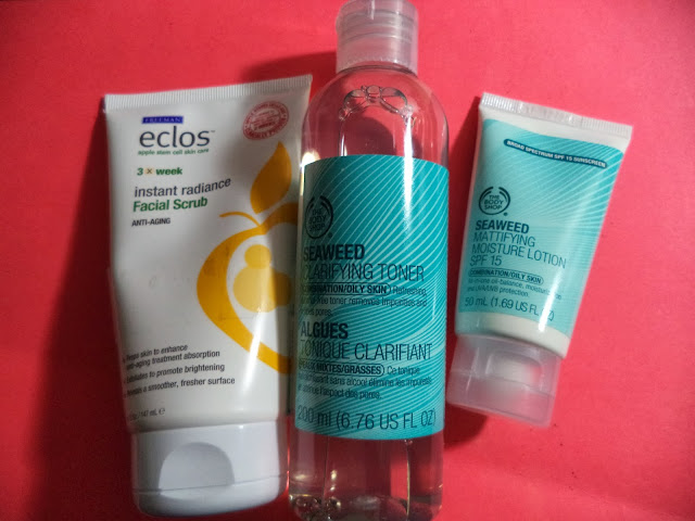 eclos scrub, the body shop seaweed purifying toner, seaweed mattifying moisture lotion spf 15