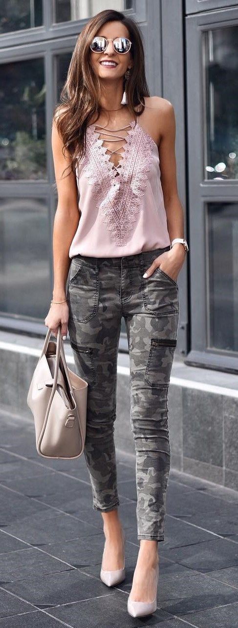 incredible spring outfit / lace up top + khaki skinnies + bag + heels