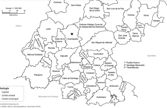 Mapa de Guanajuato con división Política y nombres