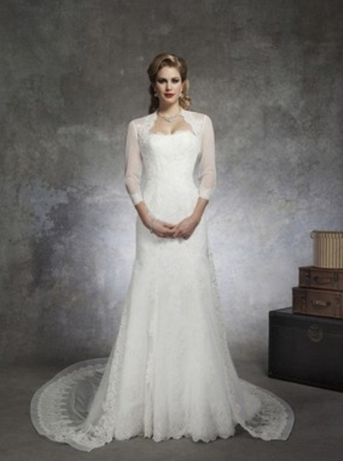 Different Sheath/Column Strapless White Lace Detachable Wedding Dress - Price: USD $227.43