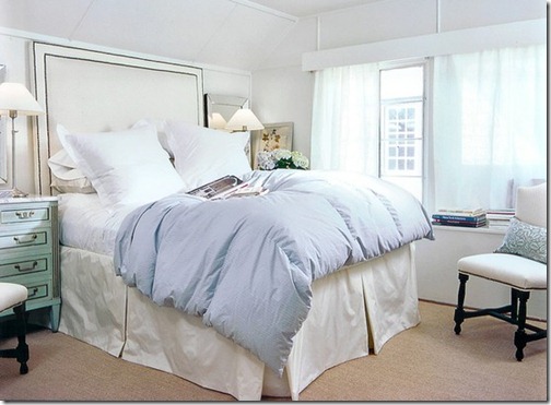 ashley goforth bedroom with light blue coverlet and silk bedskirt