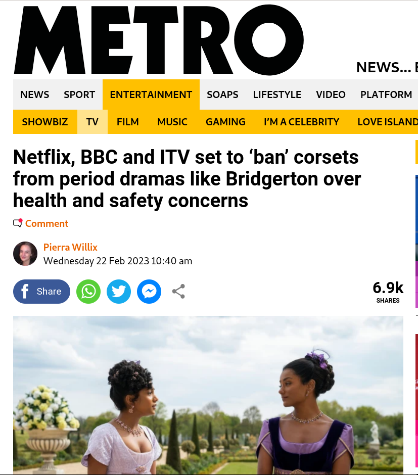 capture d'écran d'un article prétendant que Netfliw va bannir les corsets de ses productions