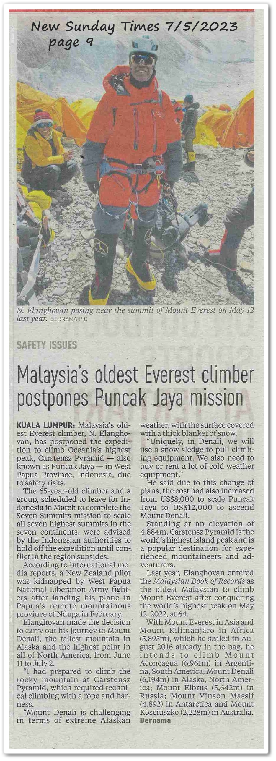 Malaysia's oldest Everest climber postpones Puncak Jaya mission - Keratan akhbar New Sunday Times 7 May 2023