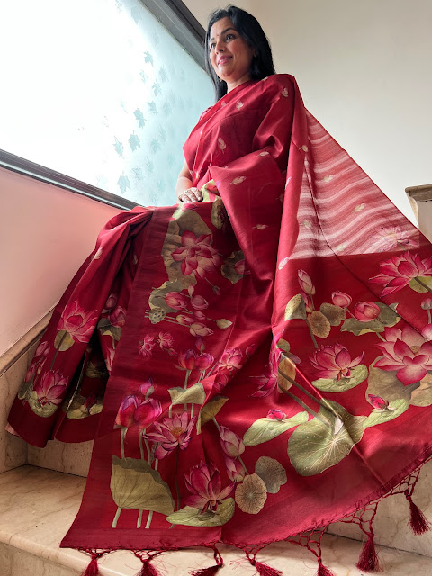 A Toast to Tradition: Exploring the Regal Beauty of Tussar Pichwai Print Saree in Wine Hue